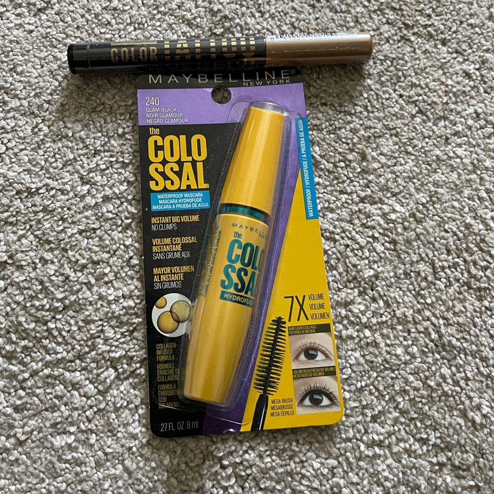 New maybelliene Colossal mascara in black and eye tattoo shadow stick in gold